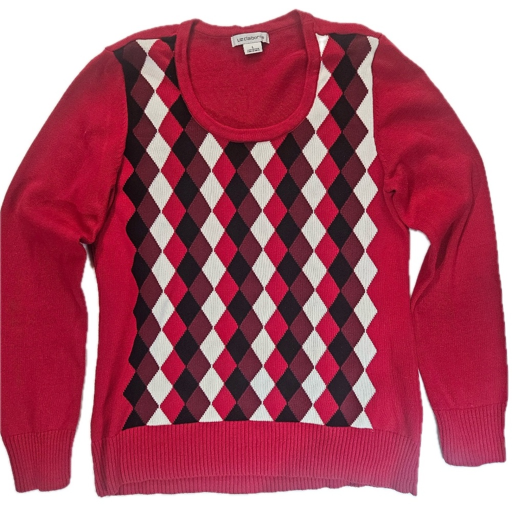 Liz Claiborne Argyle Sweater Womens Large Red Knit Preppy‎ Classic Cozy Pullover